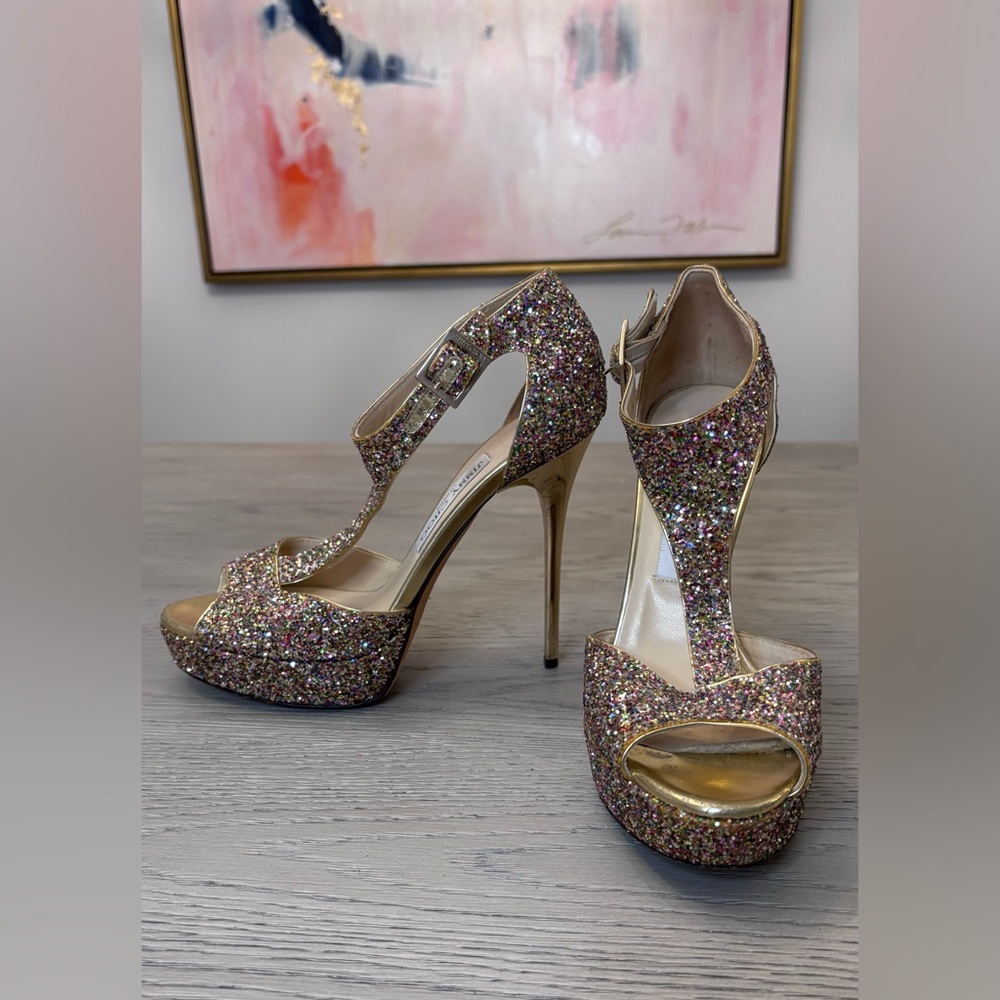 Jimmy Choo Glitter Glitter Accents T-Strap Platforms Size 38 - Picture 4 of 11